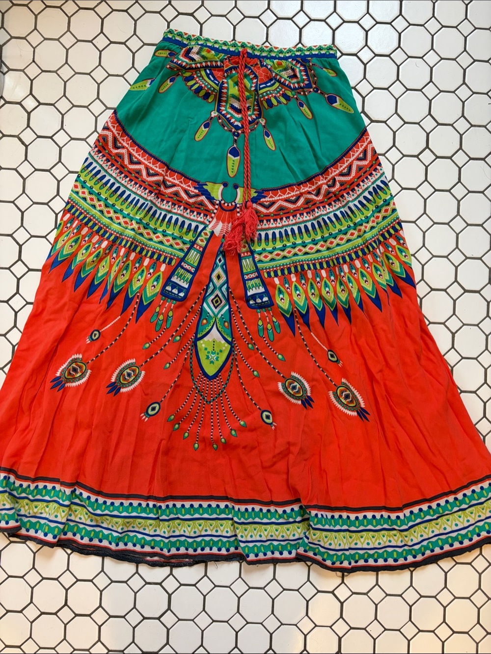Flying Tomato Green & Red Boho Maxi Skirt with Tassel Waist